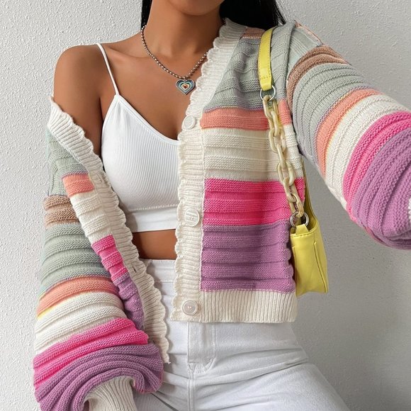. Sweaters - Multicolor Casual Womens Colorblock Scallop Trim Drop Shoulder Cardigan
